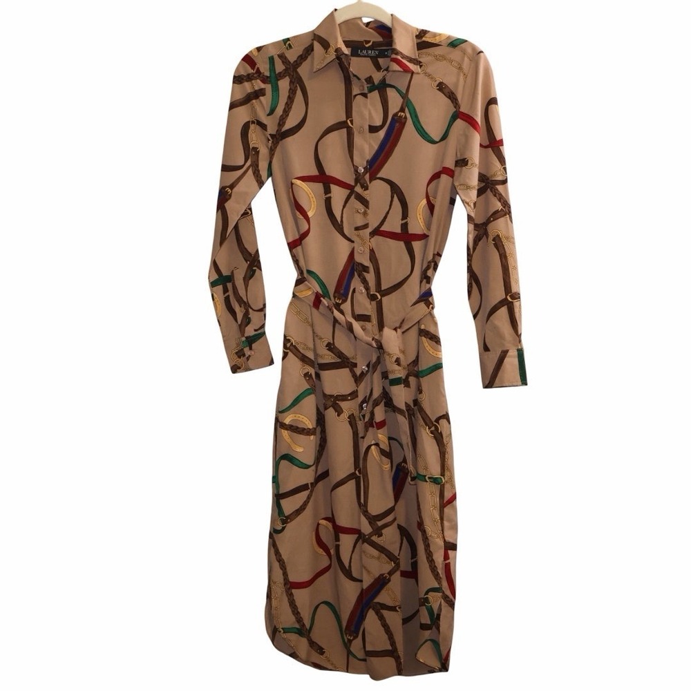 Lauren Ralph Lauren Equestrian belting-print belted crepe shirtdress Size 00